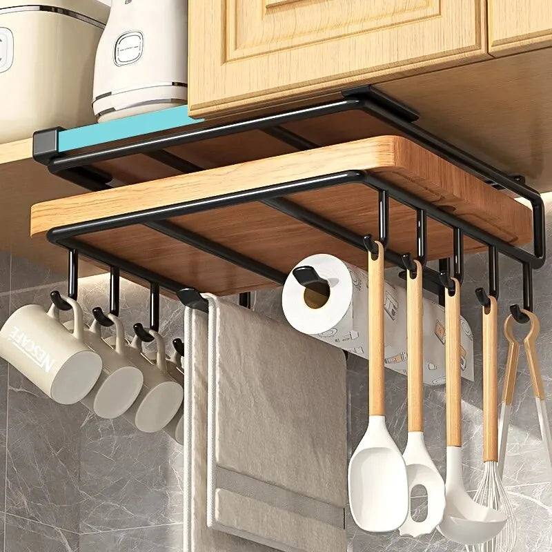 Kitchen Hanging Organizer Rack with Hooks Under Cupboard Paper Towel